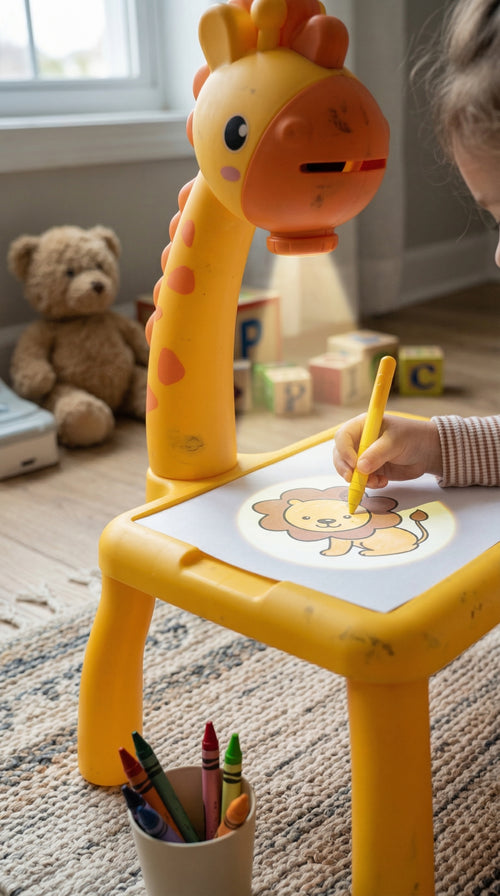 Mesa projetora girafa Bubilo com luz acesa